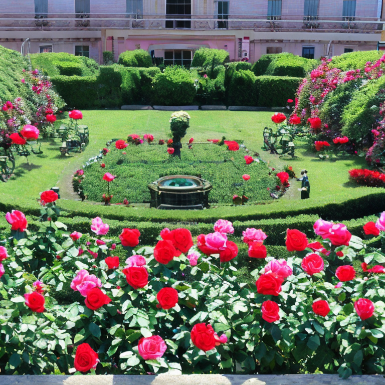 Rose garden full of red and pink flowers