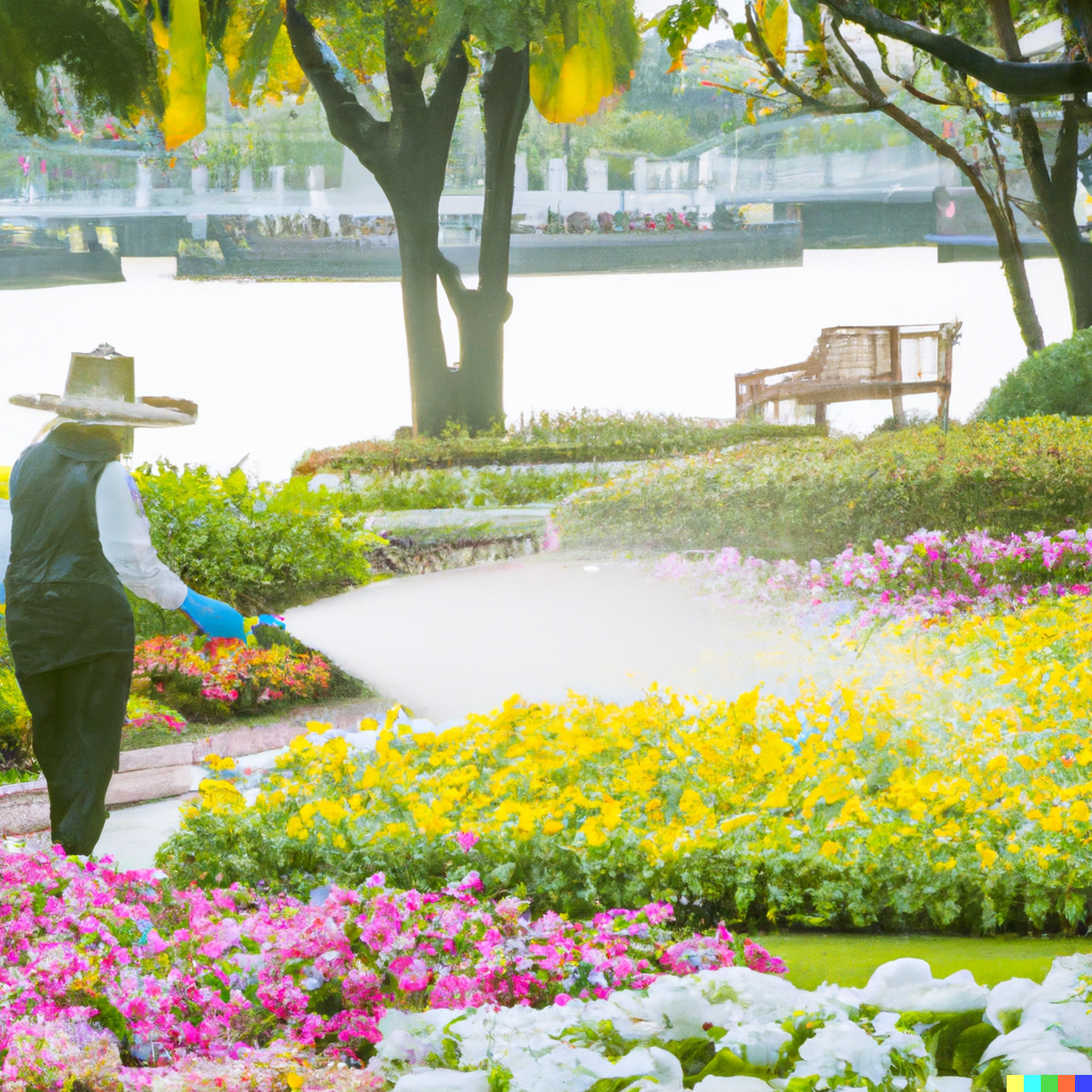 Gardener is watering colorful flowers