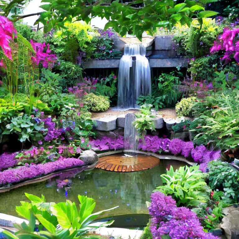 Garden with a waterfall surranded with beautiful flowers